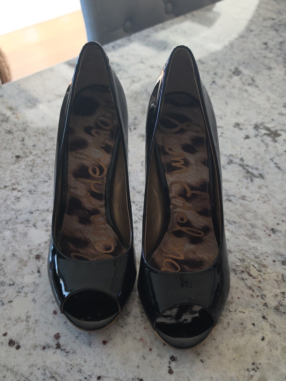 Sam Edelman Black Patent Peep-Toe Heels with Leopard Lining
